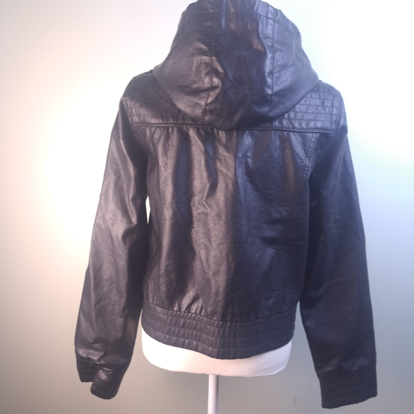 Paris Blues Black Faux Leather Jacket with hoodie Women's Size Large - Picture 3 of 16